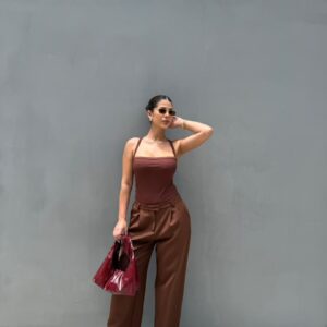 Pant elegant marrón corte recto